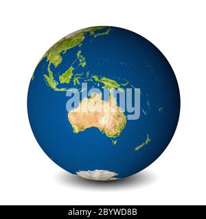 Erdkugel auf weißem Hintergrund isoliert. Satellitenansicht mit Schwerpunkt auf Australien. Elemente dieses Bildes, die von der NASA bereitgestellt wurden. Stockfoto