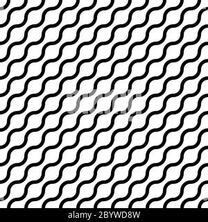 Abstraktes nahtloses Muster mit schwarzen Wellen in diagonaler Anordnung auf weißem Hintergrund. Einfache flache geometrische Vektorgrafik. Stock Vektor