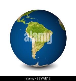 Erdkugel auf weißem Hintergrund isoliert. Satellitenansicht auf Südamerika fokussiert. Elemente dieses Bildes, die von der NASA bereitgestellt wurden. Stockfoto