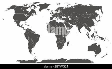 Detaillierte Silhouette der Weltkarte mit Ländern und Hauptinseln, Seen Stock Vektor