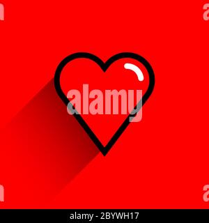 Rote Herzform mit schwarzem Linienstrich. Medizinische Ikone, Liebeszeichen und Symbol des Festes des heiligen Valentinstag. Flache Form mit langem Schatten Stock Vektor