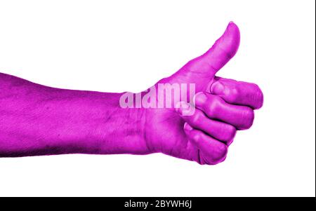 Alte Frau mit Arthritis geben den Daumen nach oben Zeichen Stockfoto