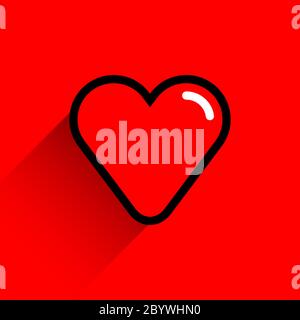 Rote Herzform mit schwarzem Linienstrich. Medizinische Ikone, Liebeszeichen und Symbol des Festes des heiligen Valentinstag. Flache Form mit langem Schatten Stock Vektor