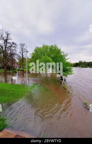 South Elgin, Illinois, USA. Starke Regenfälle der letzten zwei Tage führten dazu, dass der Fox River im Nordosten von Illinois seine Ufer überschwemmen. Stockfoto