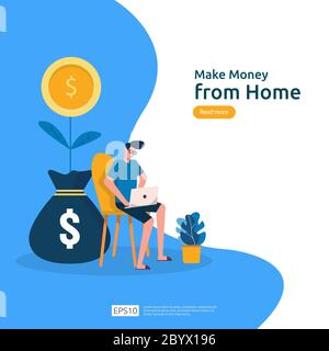 Freiberufler zu Hause sitzen. Arbeitgeber Büro Arbeitsplatz Schreibtisch mit Laptop arbeiten. Geld verdienen von zu Hause Konzept. Flache Cartoon Vektor-Illustration Stock Vektor