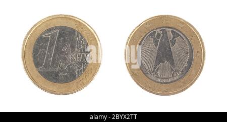 1 Euro Münze Makro isoliert auf weiss Stockfoto