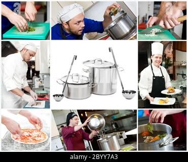 Zwei Stahltöpfe mit Radeln Stockfoto