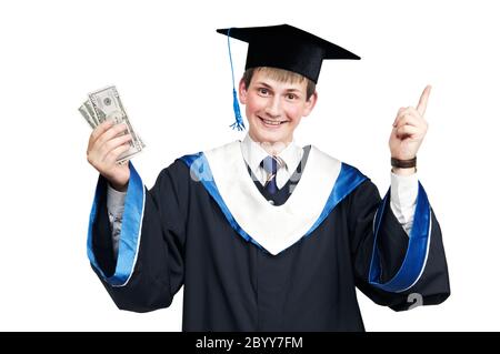 Smiley Student im Mantel mit Geld Stockfoto