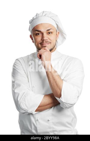 Happy Chef in weißer Uniform isoliert Stockfoto