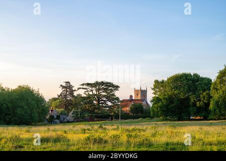 Combe Dorf mit St. Laurence Kirchturm in den frühen Morgenstunden bei Sonnenaufgang. Combe, Oxfordshire, England Stockfoto