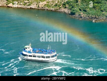 Niagara Falls, Kanada - 27. Juli 2019: Niagara Falls und Regenbogen im Sommer an einem klaren sonnigen Tag, Blick von der kanadischen Seite. Niagara Falls, Ontario, Cana Stockfoto