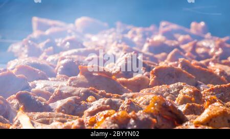 Frisches Fleisch, das auf Spieße gekleidet ist, wird auf einem Bräter oder Grill gebraten. Der Küchenchef bereitet Fleisch in einem Café oder Restaurant zu. Frisches rohes und gebratenes Schweinefleisch, Rind und Lamm Stockfoto