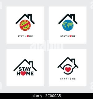 Coronavirus Covid-19 Pandemie soziale Isolation Konzept Design. Bleib zu Hause Symbole mit Globus-Weltkarte Stoppschild und Herz-Formen gesetzt. Stock Vektor