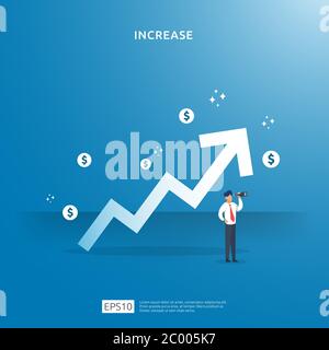 Wachstum Pfeil nach oben Illustration Konzept. Business-Gewinn wachsen oder Einkommen Gehaltsrate mit Menschen Charakter erhöhen. Verkauf Margin Umsatz mit Dollar Stock Vektor