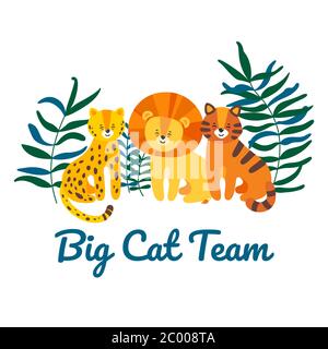 Großes Katzenteam mit Leoparden, Löwen und Tigern, die zusammen sitzen. Florales Ornament und Inschrift. Isolierte Vektordarstellung in flacher Ausführung Stock Vektor