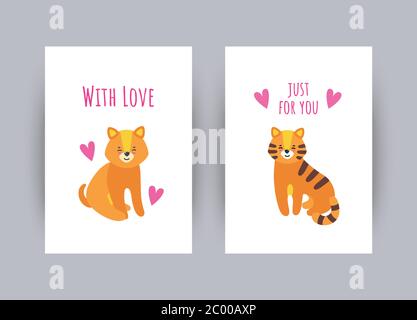 Grußkarten mit Welpen und Tiger zum Valentinstag. Vektor-Illustration in niedlichen flachen Stil Stock Vektor