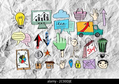 Handsymbol Doodle Business Bühnenbild Idee auf zerknittertes Papier Stockfoto
