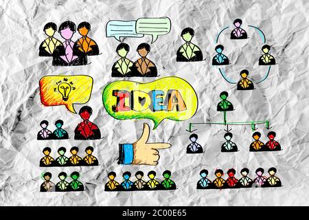 Handsymbol Doodle Business Bühnenbild Idee auf zerknittertes Papier Stockfoto