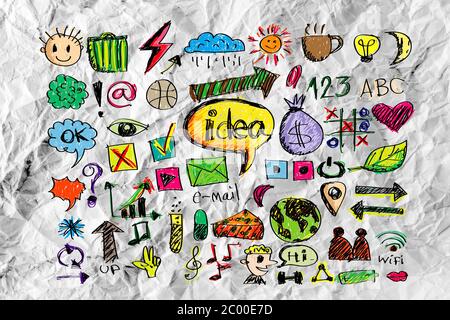 Handsymbol Doodle Business Bühnenbild Idee auf zerknittertes Papier Stockfoto