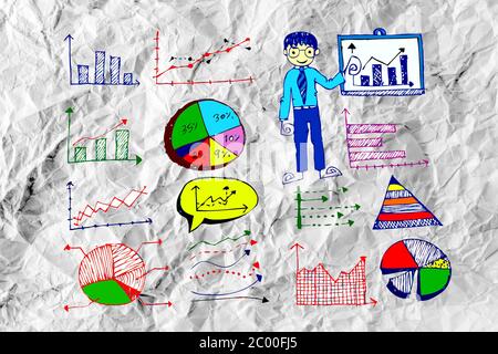 Handsymbol Doodle Business Bühnenbild Idee auf zerknittertes Papier Stockfoto