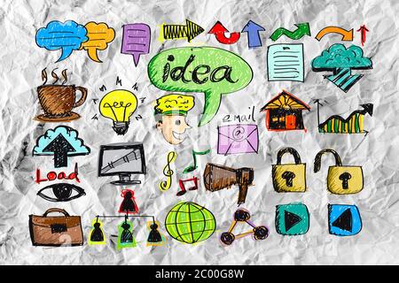Handsymbol Doodle Business Bühnenbild Idee auf zerknittertes Papier Stockfoto