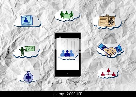 Handsymbol Doodle Business Bühnenbild Idee auf zerknittertes Papier Stockfoto