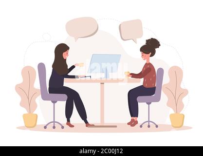 Mädchen miteinander reden. Geschäftsfrauen diskutieren soziale Netzwerke, chatten mit Dialogblasen, diskutieren Arbeitsmomente. Moderne Vektordarstellung in Stock Vektor
