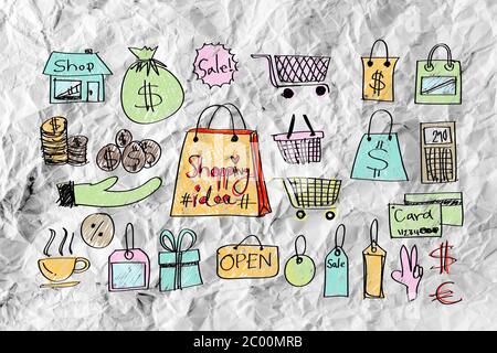 Handsymbol Doodle Business Bühnenbild Idee auf zerknittertes Papier Stockfoto