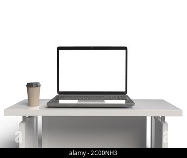 3d-Rendering von Laptop mit leerem Bildschirm und Kaffeetasse auf weißem Tisch für Produktmockup Stockfoto