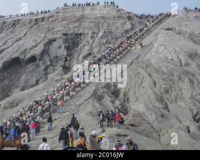 Mount Bromo, Indonesien - 19. Juli 2009: Überfüllter Blick auf den idyllischen Volkano Park Stockfoto