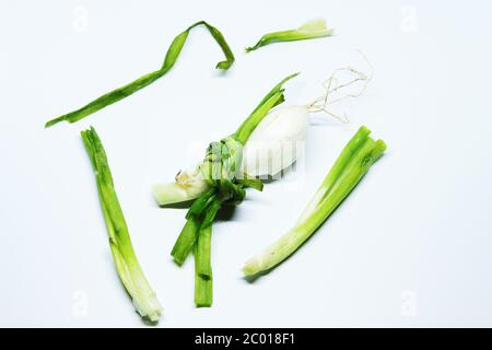 Frische Grüne Frühlingszwiebel Mit Wurzeln Auf Einem Isolierten Weißen Hintergrund Stockfoto