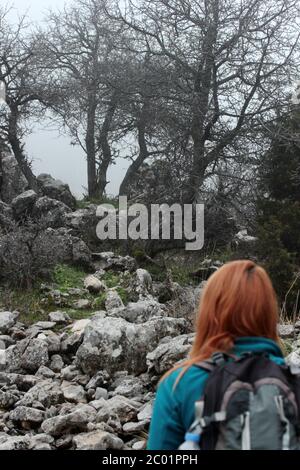 Junge Frau, die in der Natur geht Stockfoto