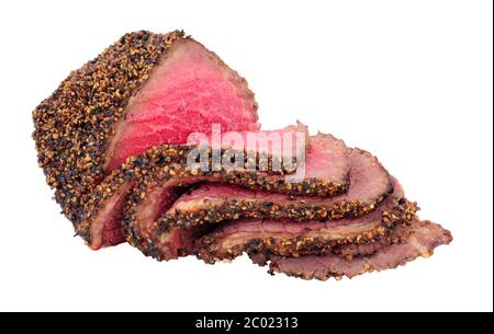 Seltene gekochte geröstete Pfeffer und Salz bedeckt Rindfleisch Rumpf Joint auch als Picanha geschnitten und Sirloin Kappe Fleisch isoliert auf weißem Hintergrund bekannt Stockfoto