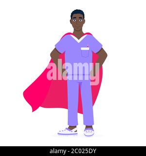 Junge männliche Krankenschwester Krankenhaus medizinischen Mitarbeiter mit Helden Umhang hinter Stock Vektor