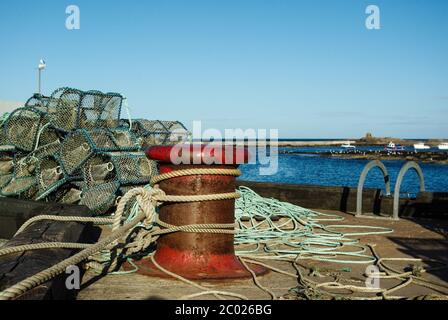 Seahouses Harbour, Northumberland, Großbritannien; Seile, Hummertöpfe und Fischernetze am Kai. Stockfoto