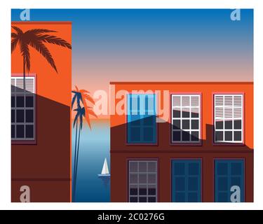 Vektor-Illustration von Gebäuden mit Meerblick und Sonnenuntergang Stock Vektor