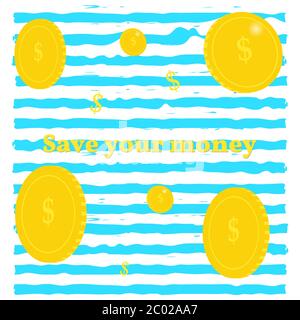 Goldene Münzen. Hintergrund des Geldes auf blauen Streifen Stock Vektor