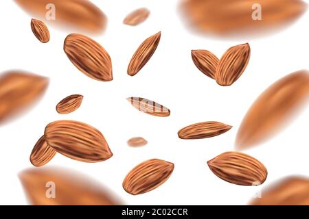 Realistische fallende Mandelnüsse isoliert auf weißem Hintergrund. Schablone mit Mandeln für Verpackungsdesign. 3d-Vektordarstellung Stock Vektor