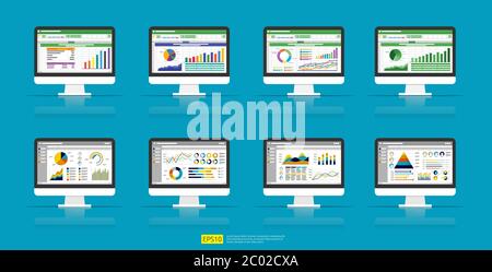 Webstatistik Analysediagramme auf Computerbildschirm Symbol gesetzt. Flache Vektor Infografik und Tabellenkalkulation Trend Graphen Bericht Konzept für die Planung, Kontenrechnung Stock Vektor
