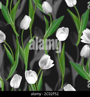 Blume nahtlosen Hintergrund. Blütentulips über dunkelgrau. Florales Frühling Vektor Muster. Stock Vektor