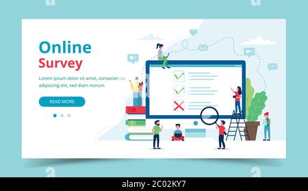 Online-Umfrage zur Kundenzufriedenheit. Computerbildschirm mit Zecken und Kreuzen. Kleine Personen. Vektorgrafik im flachen Stil Stock Vektor