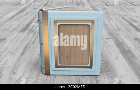 Modell eines eleganten Buches mit Holzeinlage. Ein blaues, offenes Lederbuch auf einem hellen Holztisch. 3D-Rendering Stockfoto