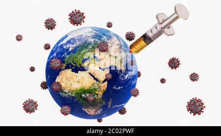 Welt mit Spritzeninjektion und covid Viruszellen isoliert auf weißen 3D-Rendering-Illustration. Globale Impfung oder Impfstoff gegen Coronavirus dise Stockfoto