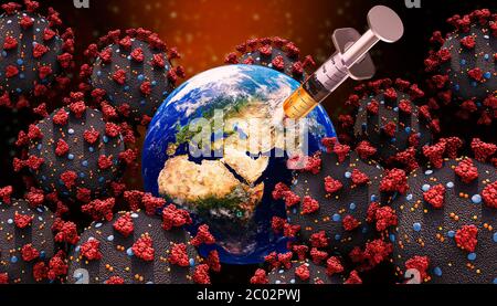 Erdplanet mit Cornavirus-Zellen und Spritze mit Medikament 3D-Rendering-Illustration. Heilung, Impfung oder Impfstoff gegen covid 19 Virus glo Stockfoto