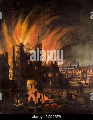 The Great Fire of London mit Ludgate und Old St Paul's, Gemälde um 1670 Stockfoto