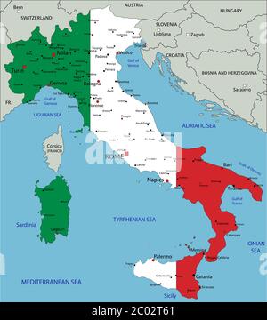 Italien sehr detaillierte politische Karte mit Nationalflagge isoliert auf weißem Hintergrund. Stock Vektor