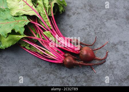 Gruppe von Mangold mit Rote Bete. Junge Rote Bete mit frischen Blättern auf dunklem Hintergrund Stockfoto