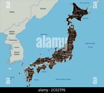 Detaillierte Japan-Straßenkarte mit Beschriftung. Stock Vektor