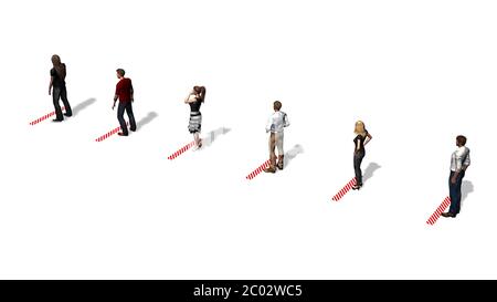 Abstand halten - Menschen warten in einer Reihe mit Abstand durch eine Markierung - isoliert auf weißem Hintergrund - 3D-Illustration Stockfoto