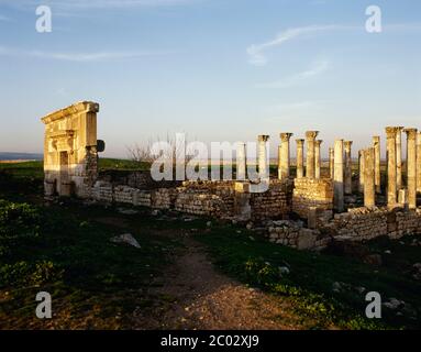 Syrien. Apamea. Römische Stadt, die Teil des römischen Reiches von 64 B.C. wurde Teilansicht der Ruinen der Zitadelle. (Foto vor dem syrischen Bürgerkrieg). Stockfoto